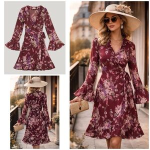 NWT ByTimo Semi Couture Viola Burgundy Ruffle Floral Wrap Long Sleeves Dress M